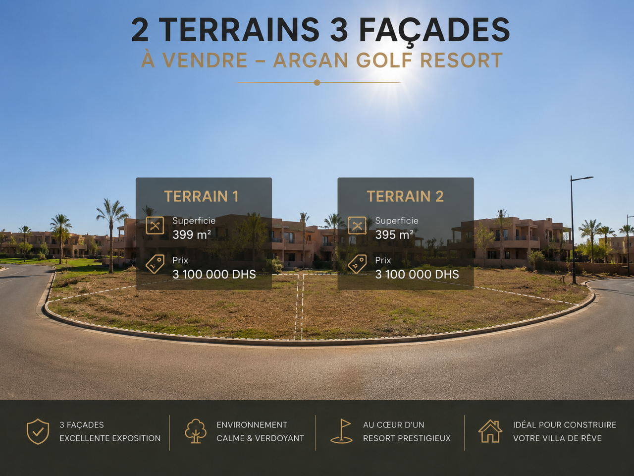 2 Terrains à vendre 3 façades Argan Golf Resort